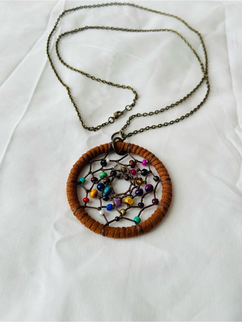 Handmade Brown Dreamcatcher Pendant Necklace with Multicolor Beads
